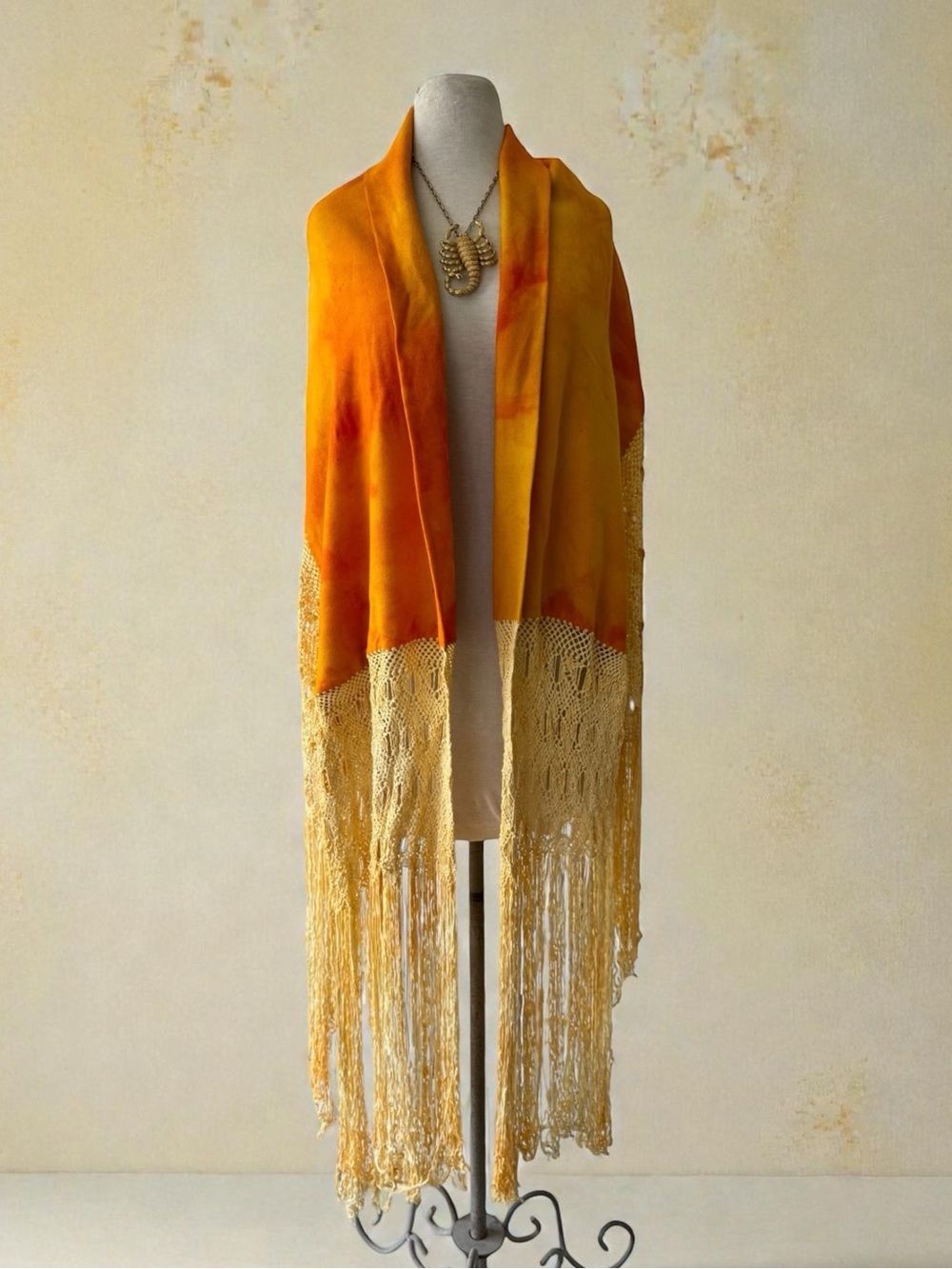 Vtg Hand Dyed Shawl Scarf Long Fringe Macrame Wrap Sunshine Orange Boho *Flaws*